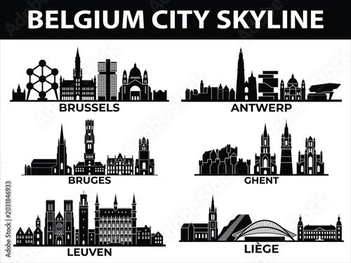 Belgium city skylines in black