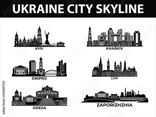 Foto Ukraine city skylines set with Kyiv Kharkiv Odesa Dnipro Lviv Zaporizhzhia