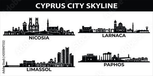 Black city skyline of Nicosia Limassol Larnaca Paphos Cyprus