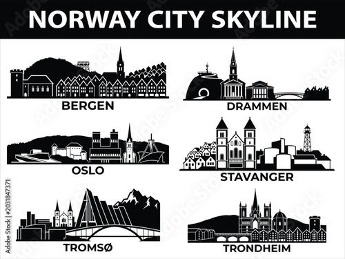 Black city skylines of Oslo Bergen Trondheim Stavanger Tromso Drammen