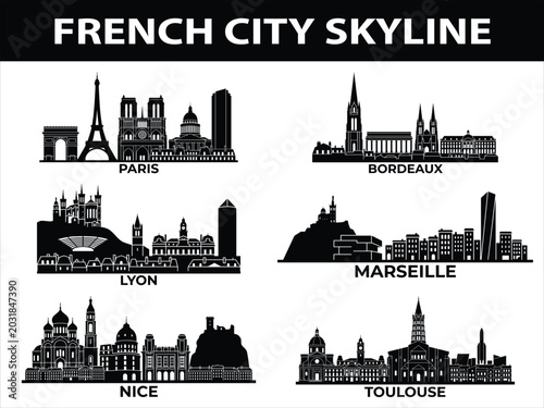 French city skyline vector illustrations of Paris, Bordeaux, Lyon, Marseille, Nice, and Toulouse