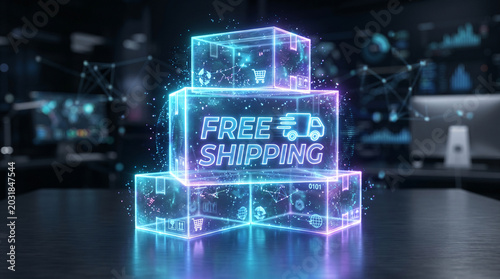 Neon hologram glows vividly above glowing boxes. Boxes stack neatly, radiating vibrant blue and purple light. FREE SHIPPING shines bold, inviting