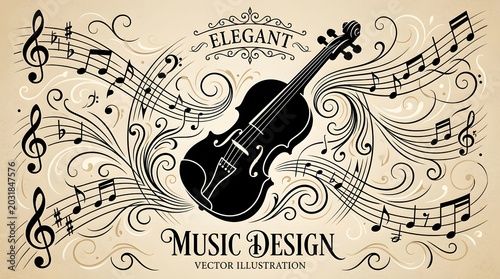 Elegant violin with musical notes vector illustration for design projects