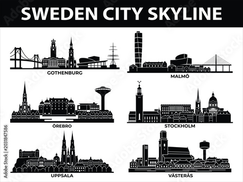Black city skylines of Stockholm Gothenburg Malmö Uppsala Västerås Örebro