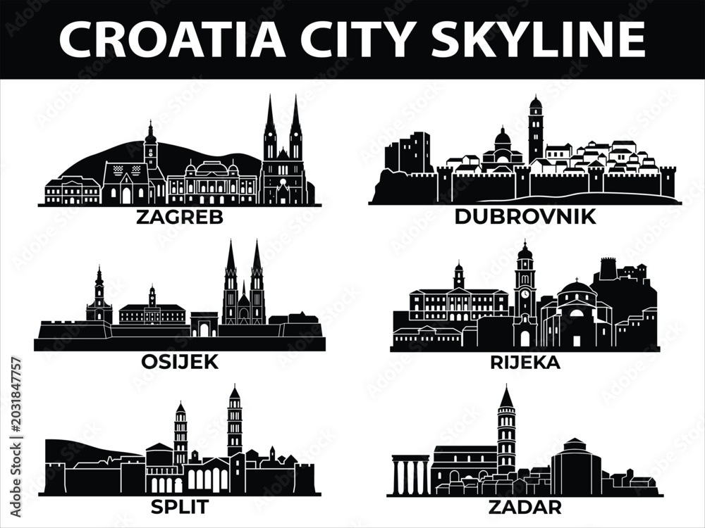 Naklejka premium City skylines of Zagreb, Split, Dubrovnik, Rijeka, Zadar, Osijek