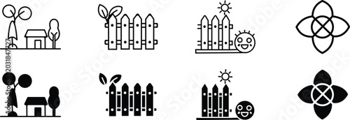 Gardening and sustainable living icon set line art and solid fill variations