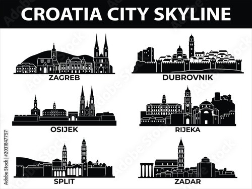 City skylines of Zagreb, Split, Dubrovnik, Rijeka, Zadar, Osijek