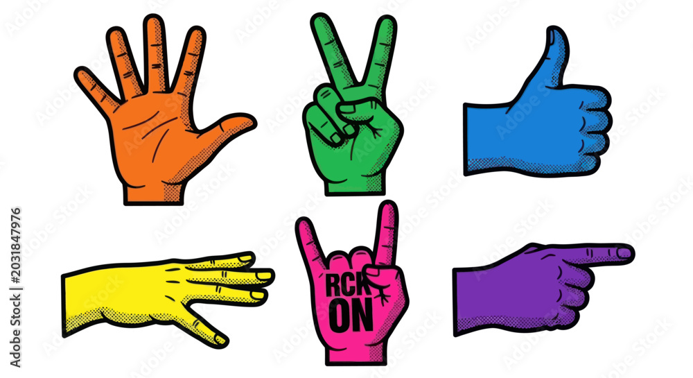 Fototapeta premium Colorful hands making various gestures on white background with rock on sign