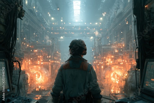 Technician among machinery. Illuminated worker amidst large construction equipment. Solitary worker stands contemplatively amid vibrant factory lights and heavy machinery