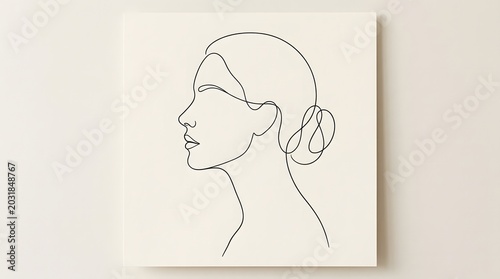 Minimalist line art portrait of a woman's profile in neutral tones