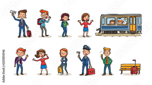 Schilderij op canvas Train Station Characters: A collection of diverse cartoon characters, including travelers with luggage, a conductor, and a railway carriage, depicted in a vibrant scene at a train station