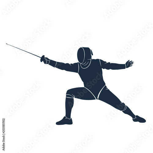 Fencer Silhouette in Action, Dynamic Posing on White