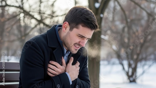 A man in a dark winter coat shivers and hugs himself on a snowy park bench, exhaling visible breath in the cold weather.