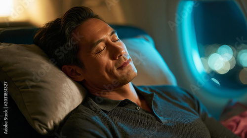 Asian man sleeping in airplane seat during flight. Tired businessman resting on plane cabin window side. Concept of travel, jetlag, long haul flight and exhaustion during trip.
