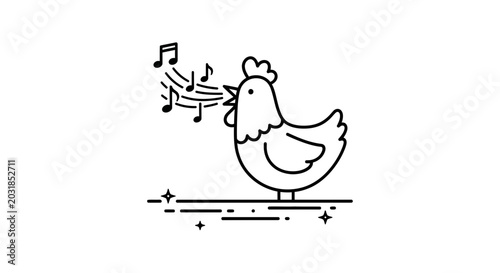 Cute Chicken Singing with Musical Notes, Farm Animal Icon, Line Art Illustration