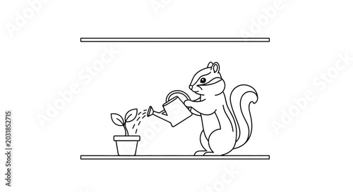 Cute Chipmunk Watering a Small Plant in a Pot, Growing Concept