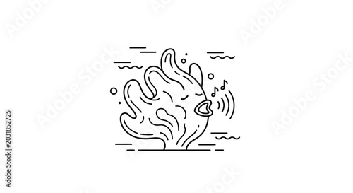 Cute Coral Singing Underwater with Music Notes and Waves, Line Art Illustration