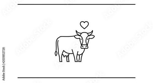 Cute Cow with Heart Icon Above Head, Minimalist Line Art, Farm Animal Love Concept