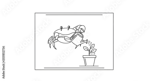 Cute crab watering a small plant in a pot, symbolizing growth and care