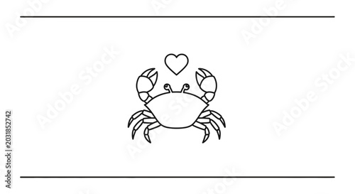 Cute Crab with Heart Icon, Love Symbol, Marine Life, Simple Line Art