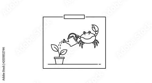 Cute Crab Watering a Small Plant in a Pot - Line Art Illustration