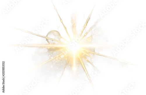 Glowing Golden Star Light Burst with Sun Rays Bokeh Sparkle and Lens Flare on an isolated Background
