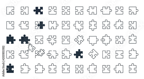 Set of minimalist jigsaw puzzle piece outline and silhouette icons