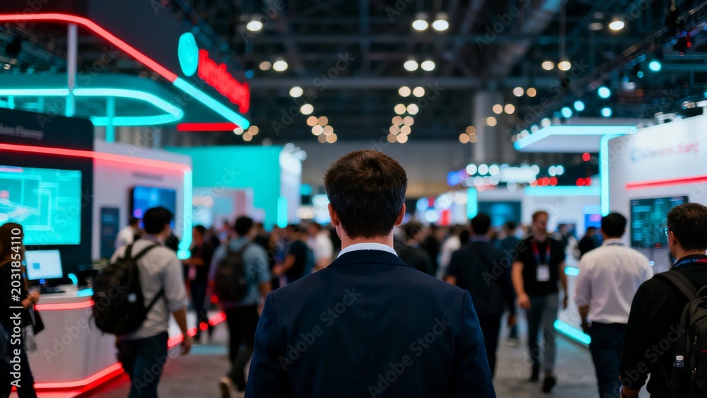 Fototapeta premium Dynamic business expo with crowded exhibition hall and interactive booths, networking and marketing event concept featuring technology, innovation and commerce opportunities