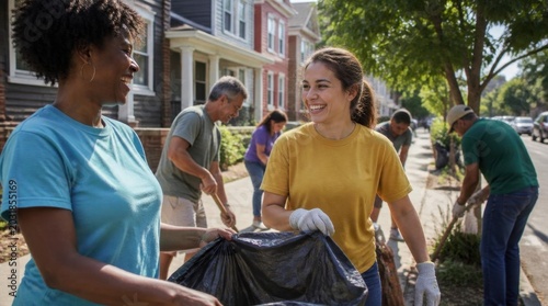 Volunteers cleaning a suburban street, showing community spirit and teamwork on a sunny day.