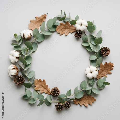 Rustic autumn wreath of eucalyptus leaves, acorns, and cotton on a gray background