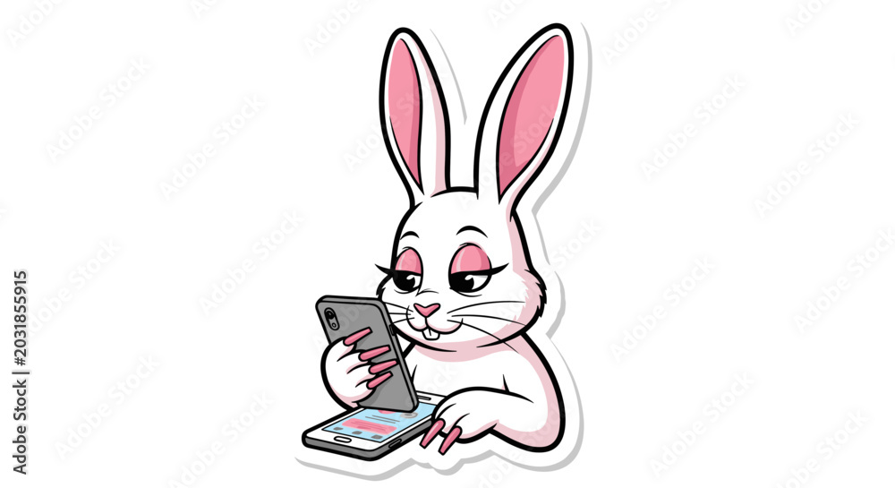 Obraz premium Cute cartoon rabbit character using a smartphone.