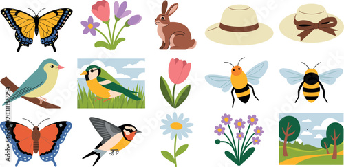 Photography Colorful spring nature collection with butterflies birds flowers bees rabbit and