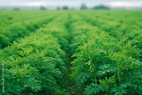 Chickpea field with green pods, rows of bushy plants, overcast light, no people, legume crop concept
