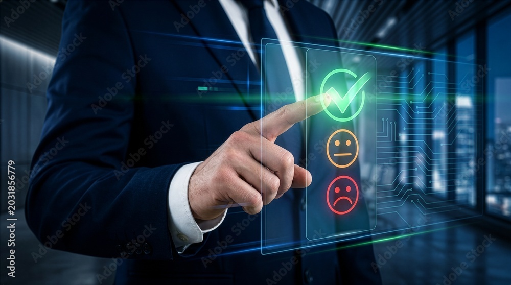 Obraz premium Customer Satisfaction Concept. Businessman selecting positive feedback icon on digital interface to evaluate service quality, improve customer experience, and enhance company