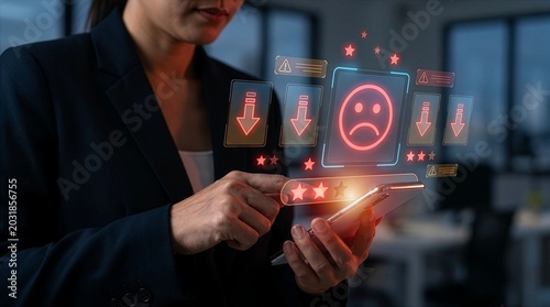 Poor service rating feedback Concept. businessman using smartphone to give 1-star feedback, negative customer experience, bad service response and digital rating