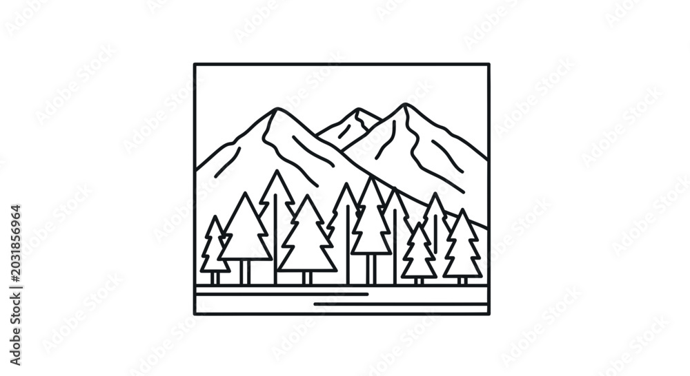 Obraz premium Minimalist Mountain Landscape with Pine Trees - Vector Line Art