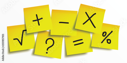 Math symbols hand drawn on yellow post it sticky notes with black marker, vector illustration concept.
