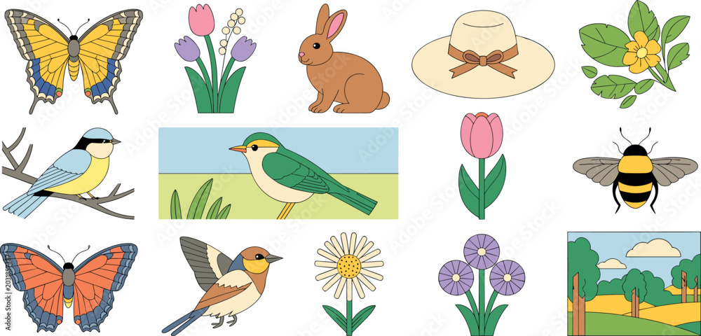 Obraz premium Colorful spring nature collection with butterflies birds flowers bees rabbit and garden hats for seasonal botanical design 