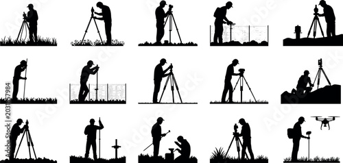 Foto Land surveyor and civil engineering silhouette icon set featuring workers with t