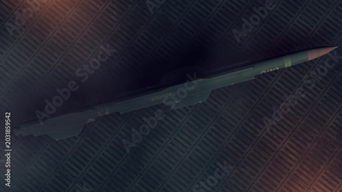 Missile on industrial metal surface background. Rocket top view in dark hangar. Military rocket weapon concept. Military missile in hangar. Army missile. Combat rocket. Cruise missile.