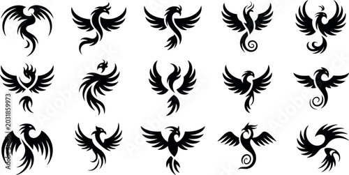 Принти на полотні Collection of phoenix bird black silhouette icons featuring mythical fire birds