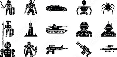 Fotografia Sci-fi gaming icon set featuring futuristic robots armored soldiers space rocket