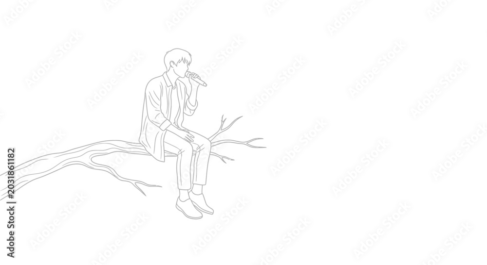 Obraz premium Minimalist line art of a man singing on a tree branch, artistic illustration