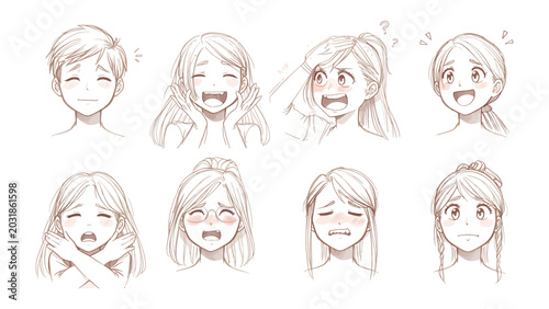 Canvas Print Emotions Expressed: A collection of eight diverse facial expressions, sketched in a soft, hand-drawn style, captures a spectrum of human emotions, from joy and surprise to sadness and confusion