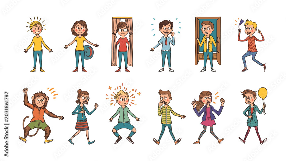 Fototapeta premium Collection of Cartoon Emotion: A vibrant set of cartoon characters displaying a wide spectrum of emotions, from joy and excitement to surprise and worry.