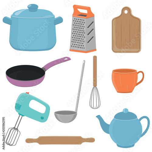 Comprehensive collection of various kitchen utensils, pots, pans, and tableware for cooking and dining illustrations.