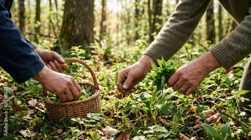 Hands picking wild greens in a sunlit forest, gathering foraged food in a basket.