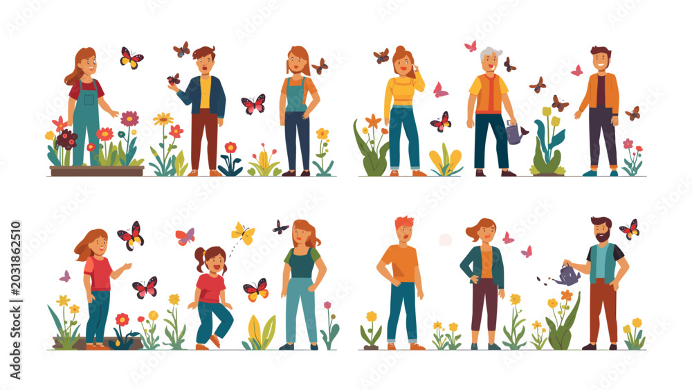 Fototapeta premium Joyful Gardeners and Butterflies: A vibrant collection of diverse people of all ages tending to a flourishing garden, with butterflies fluttering all around them.
