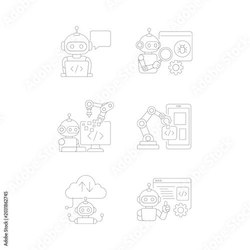 AI Coding & Software Development Automation Robot Line Icon Set – Futuristic Monoline Vector Collection