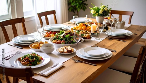 A long dining table filled with delicious food